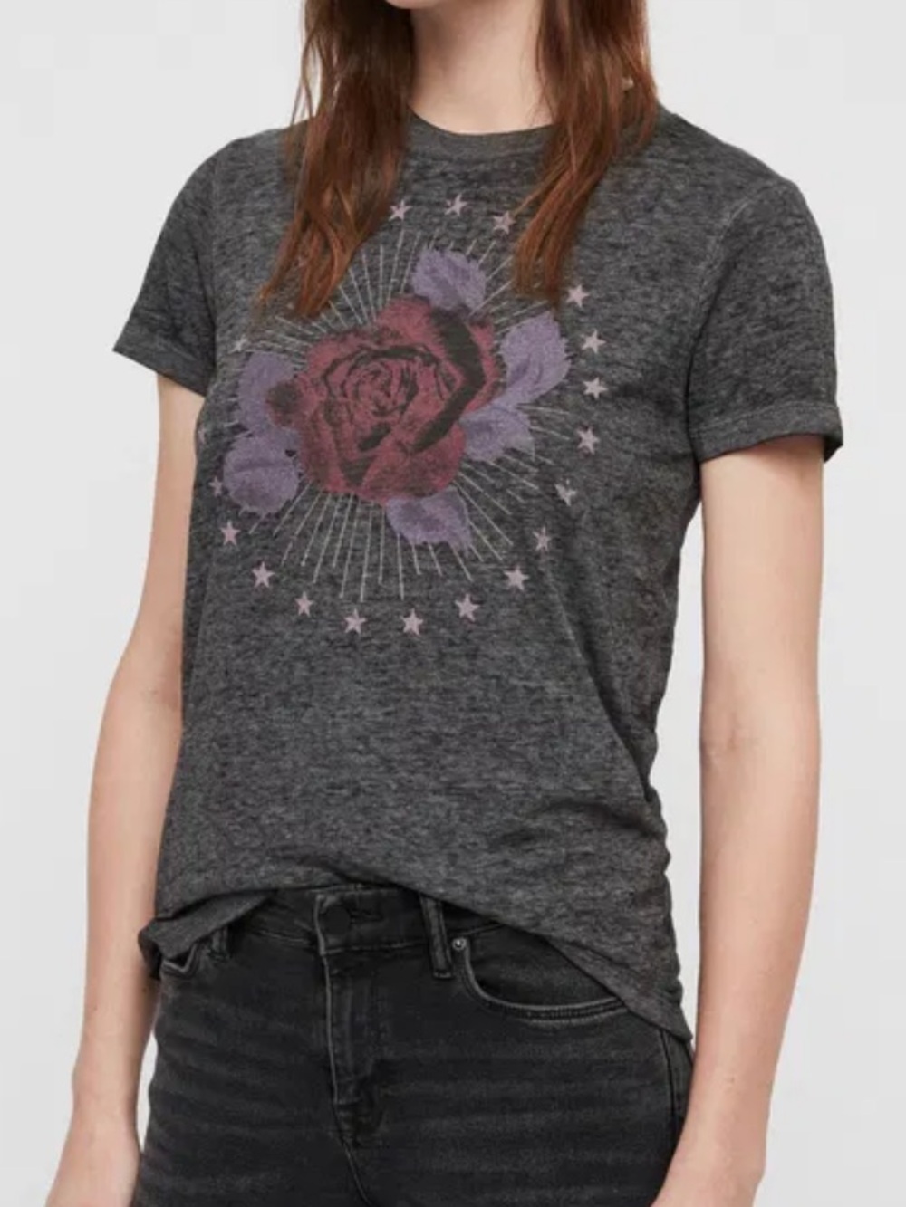 ALLSAINTS Eden Imogen T Shirt Black Grey Rose Graphic Small Women’s ALL SAINTS